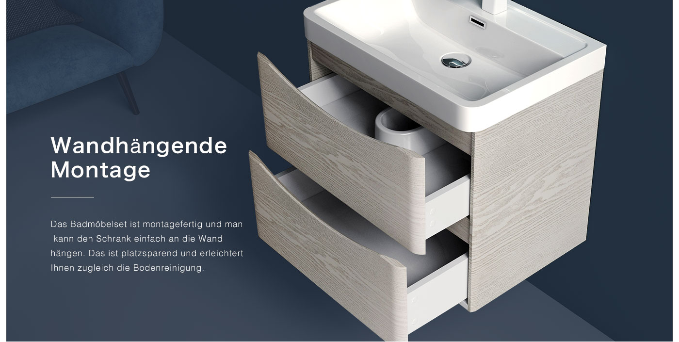 Badmöbel Badezimmermöbel 60cm Gussmarmor Steingrau Holzwerkstoff LED