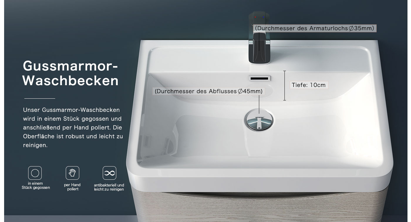 Badmöbel Badezimmermöbel 60cm Gussmarmor Steingrau Holzwerkstoff LED