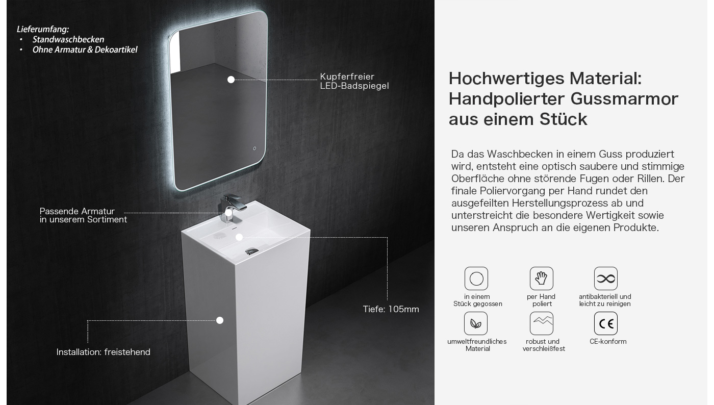 Standwaschbecken Gussmarmor Stand Waschtischsäule Waschbecken Säule