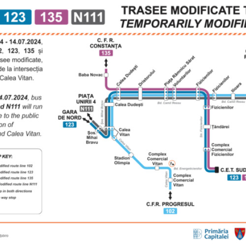 Modificări ale traseelor autobuzelor 102, 123, 135 și N111 în perioada 12-14 iulie 2024