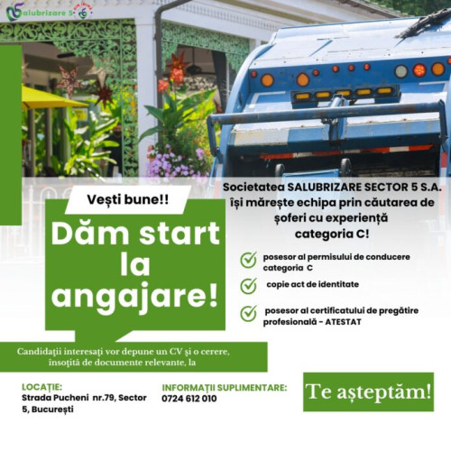 SALUBRIZARE SECTOR 5 S.A. angajează șoferi cu experiență categoria C