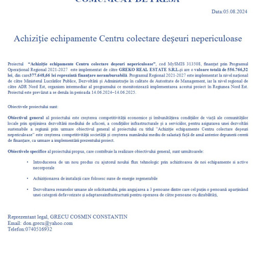 Proiect pentru achiziția de echipamente la centrul de colectare a deșeurilor nepericuloase