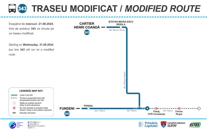 Schimbări în reteaua de transport: linia 343 va avea un traseu scurtat