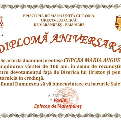 Diploma aniversară pentru preoteasa Maria Cupcea la împlinirea vârstei de 100 de ani