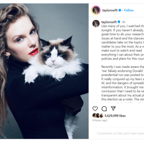Taylor Swift își anunță sprijinul pentru Kamala Harris pe Instagram