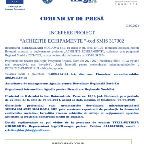 SERE&amp;SOLARII MOLDOVA SRL lansează proiectul "ACHIZIȚIE ECHIPAMENTE" în Botoșani