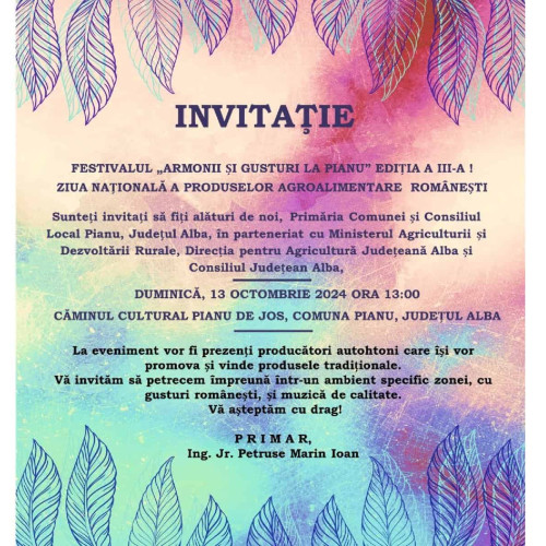 Festivalul "Armonii și gusturi la Pianu", ediția a III-a, se va desfășura pe 13 octombrie