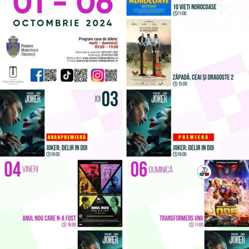 Proiecții de filme la cinema Independenta din Târgoviște, între 1 și 6 octombrie 2024