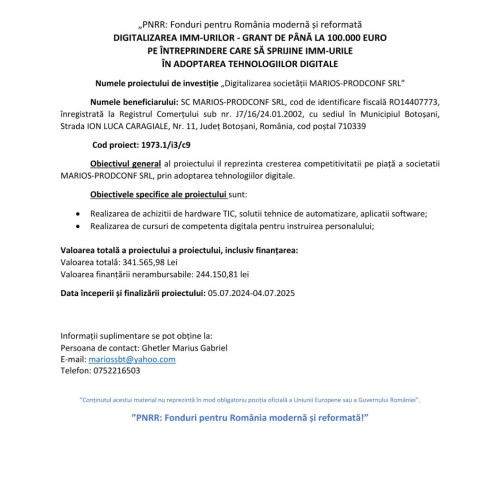 MARIOS-PRODCONF SRL începe un proiect de digitalizare