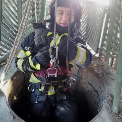 Pisica căzută într-o fântână, salvată de echipele de intervenție din Petrești