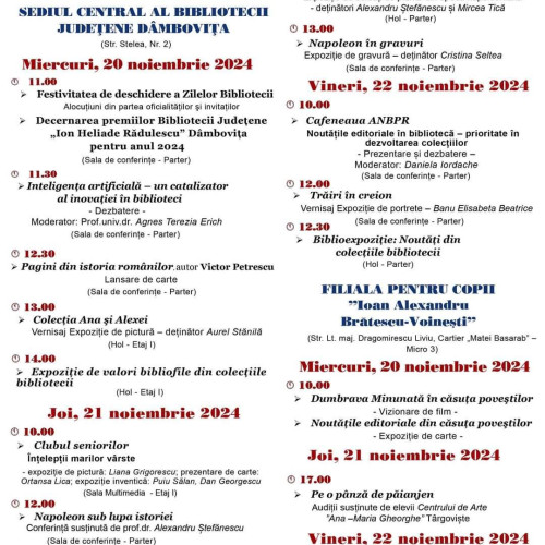 Zilele Bibliotecii Județene "I. H. Rădulescu" Dâmbovița, programate între 20 și 22 noiembrie 2024