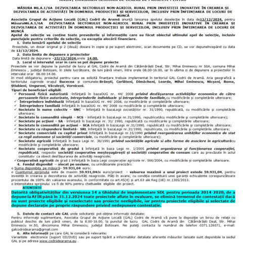 Lansarea sesiunii de cereri de proiecte pentru măsura M6.A.1/6A