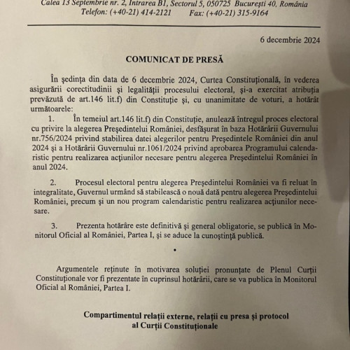 Anularea primului tur al alegerilor prezidențiale, o decizie fără precedent a Curții Constituționale