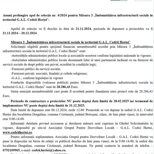 Prelungire apel de selecție pentru Măsura 3 „Îmbunătățirea infrastructurii sociale” în G.A.L. Codrii Hertei