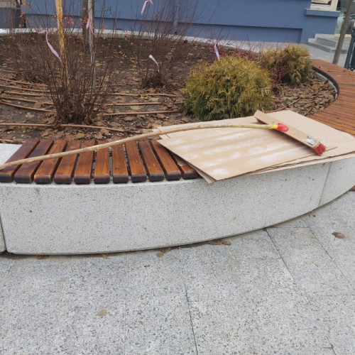 Maturoiul se odihnește pe banca de lemn din fața Universității