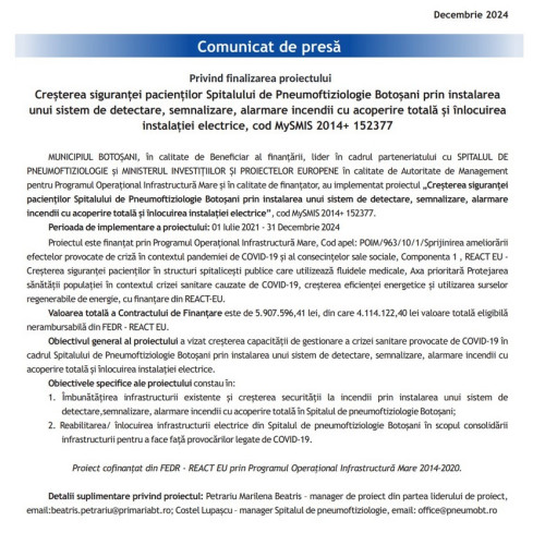 Proiect important la Spitalul de Pneumoftiziologie Botoșani pentru siguranța pacienților