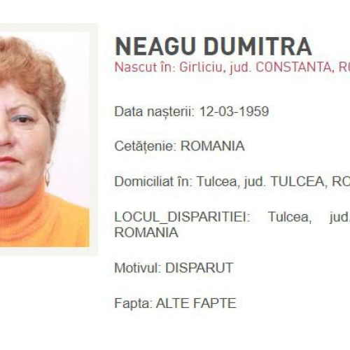 Neagu Dumitra, dispărută în Tulcea