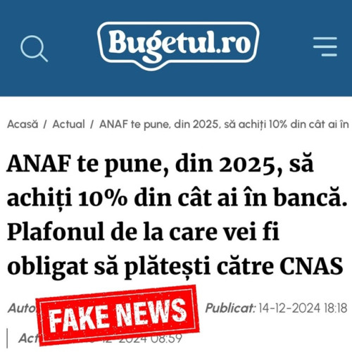 ANAF neagă un fake news privind taxa de 10% pe banii din conturile bancare