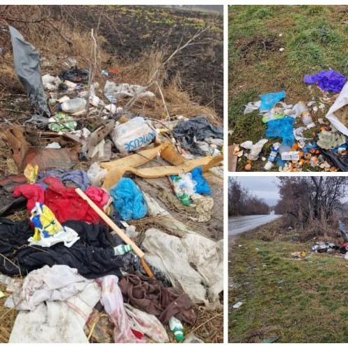 Munte de gunoaie pe marginea drumului în comuna Ploscos