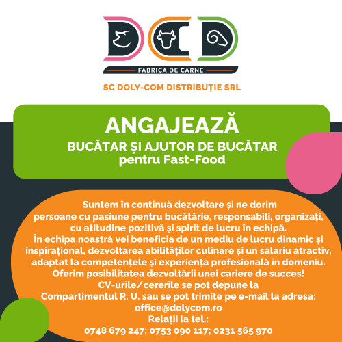 Doly Com Distributie Botoșani angajează bucătar și ajutor de bucătar