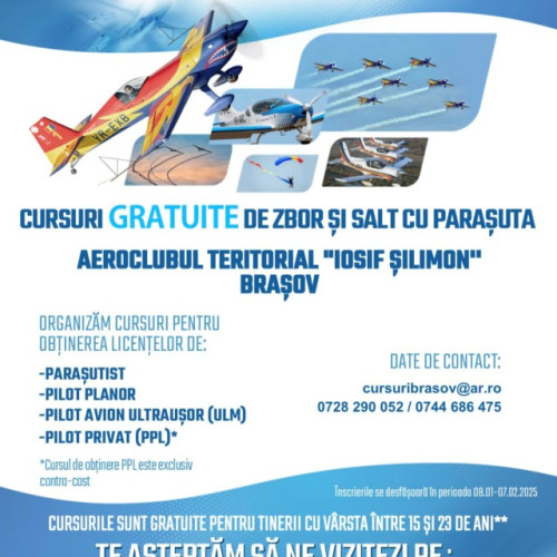 Aeroclubul Teritorial "Iosif Silimon" Brașov oferă cursuri gratuite de zbor și salt cu parașuta pentru tineri