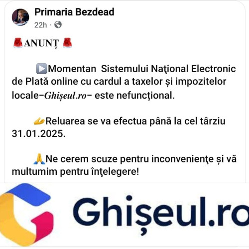 probleme tehnice la ghiseul.ro - Primăria Bezdead anunță nefuncționarea sistemului