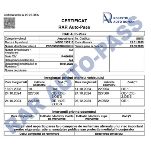 RAR Auto-Pass: Document de verificare a istoricului auto