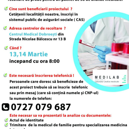 Primăria Dobroești lansează o nouă campanie de recoltare a probelor medicale