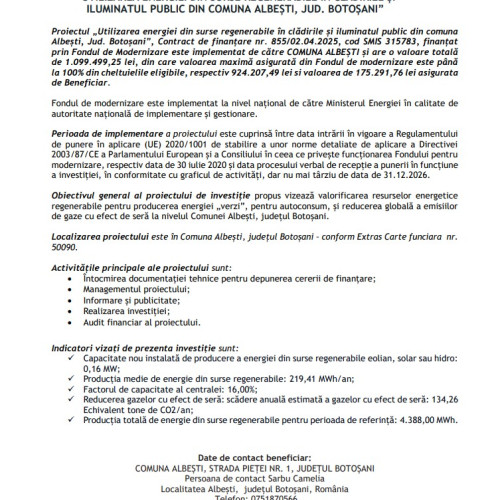 Demarare proiect pentru energii regenerabile în comuna Albesti, jud. Botoșani
