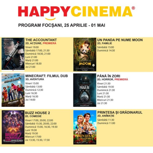 Happy Cinema Focșani: Programe și oferte pentru săptămâna 25 aprilie - 1 mai 2025