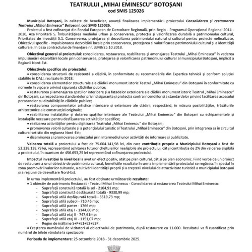 Finalizarea proiectului de restaurare a Teatrului "Mihai Eminescu" din Botoșani