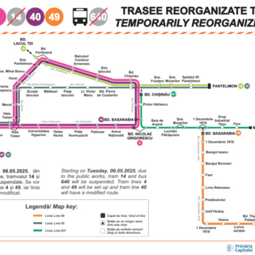 TPBI reconfigurează liniile de tramvai pe bulevardele Basarabia și Chișinău