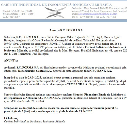 Anunț important de la S.C. FORMA S.A. din Botoșani