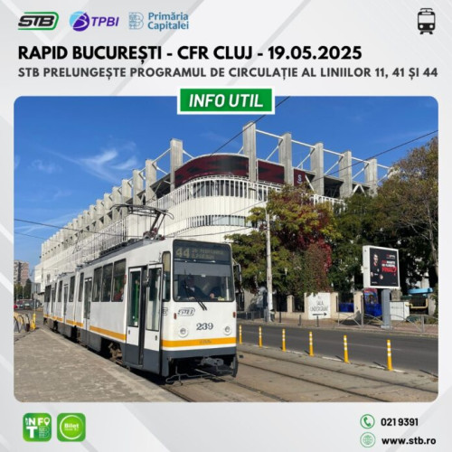 Programul STB prelungit pentru meciul Rapid București – CFR Cluj