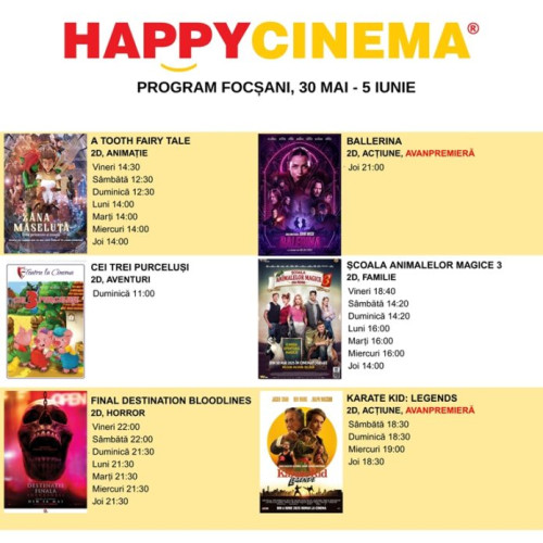 happy cinema Focșani oferă cele mai noi filme și cele mai bune oferte în două săli moderne 3D, potrivit jurnaldevrancea.ro. Pentru informații despre prețuri, rezervări online și program, vizitați www.happycinema.ro sau pagina de Facebook a cinematografului.