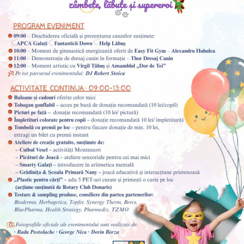 Galatiul se pregătește pentru Ziua Copilului cu o serie de evenimente speciale, potrivit informațiilor publicate pe viata-libera.ro. La Gradina Publica, cei mici sunt așteptați să participe la activități distractive și educative în cadrul evenimentului „Copilaria Uneste - Zâmbete, Lăbuțe și Supereroi”. Pe lângă demonstrațiile spectaculoase de dresaj canin realizate de echipa THOR Dresaj Canin Galati, publicul va putea admira câini echilibrați și ascultători, care exemplifică prietenia și comunicarea între om și animal.