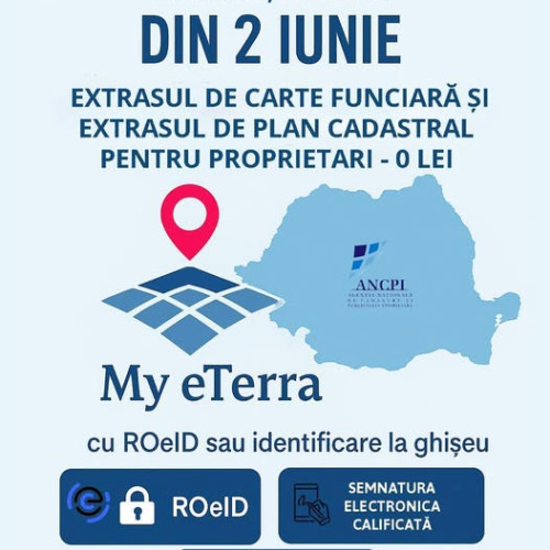 Proprietarii pot obține gratuit extrasul de carte funciară online, începând de luni, 2 iunie, informează Agenția Națională de Cadastru și Publicitate Imobiliara (ANCPI), citată de monitorulbt.ro. Potrivit anunțului, documentele pentru informare și planurile cadastrale solicitate online vor fi gratuite pentru deținătorii de imobile, accesând platforma MyEterra via www.myeterra.ancpi.ro.