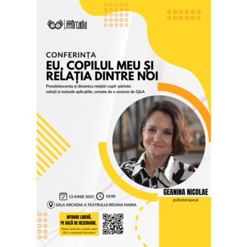 Conferința „Eu, copilul meu și relația dintre noi” va avea loc în cadrul Teatrului Regina Maria, susținută de psihoterapeutul Genina Nicolae, specializată în sănătate mentală și trustată de trupa Arcadia, potrivit crisana.ro. Evenimentul va aborda relația dintre părinți și preadolescenți, o perioadă dificilă de schimbări emoționale și comportamentale.