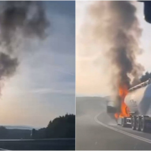 Camion cu ciment în flăcări pe drumul din județul Cluj