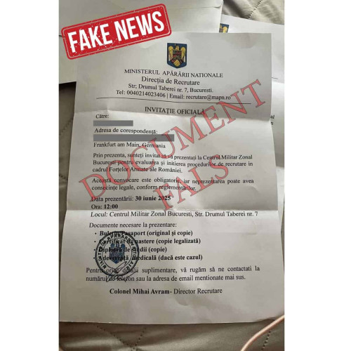 Ministerul Apărării Naționale a anunțat joi că a identificat o campanie de dezinformare adresată cetățenilor români stabiliți în străinătate. Potrivit MApN, unele persoane au primit recent un document fals, prin care erau convocați la un centru militar din România pentru "evaluarea și inițierea procedurilor de recrutare în cadrul Forțelor Armate ale Romaniei". Ministerul menționează că acest document este fals și că niciun cetățean nu a fost notificat în această formă, fie că locuiește în țară sau în străinătate, notează alb24.ro.