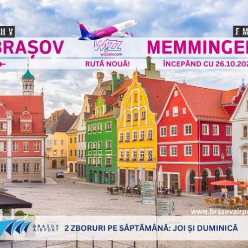 Aeroportul Internațional Brașov-Ghimbav anunță lansarea unei noi rute către Germania, potrivit site-ului newsbv.ro. Începând cu data de 26 octombrie 2025, zborurile regulate către Memmingen vor fi operate de compania Wizz Air, de două ori pe săptămână, în zilele de joi și duminică.
