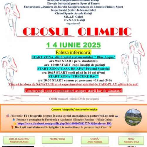 Crosul olimpic din Galați a atras numeroși participanți în cadrul evenimentului de sâmbătă, 14 iunie. La start, au fost invitați oameni de toate vârstele, iar competiția s-a desfășurat pe faleza Dunării. Conform organizatorilor, cei primii 800 de participanți au fost recompensați cu premii, indiferent de categoria în care s-au înscris.