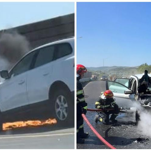 Mașină în flăcări pe DN1 E60 la Tureni, în apropierea șantierului pentru nodul rutier de legătură cu autostrada A3