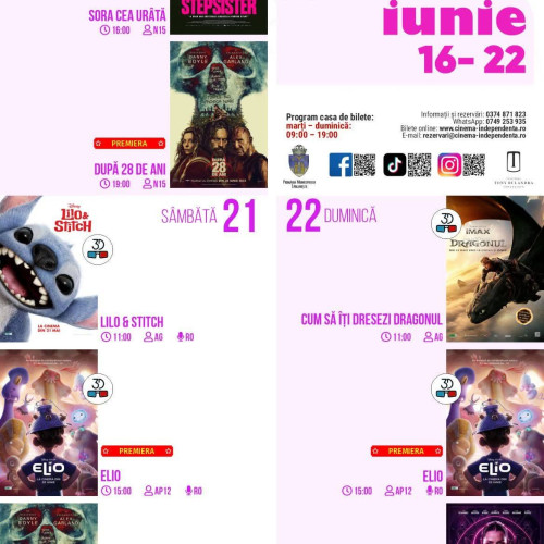 Programul cinematografului independenta din targoviște pentru perioada 16-22 iunie 2025 aduce o serie de filme captivante și premiere pentru iubitorii de film