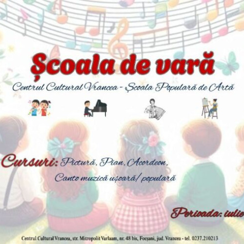 în perioada iulie-august 2025, scoala populară de artă organizează cursuri pentru vara, în cadrul centrului cultural vrancea, pentru inițiere în lumea artei și promovare. spectatorii pot face înscrieri la sediul centrului, situat pe strada mitropolit varlaam nr. 48 bis, în perioada 10:00-14:00, prezentând actul de identitate. taxa de școlarizare este de 100 lei pe lună, iar cursurile se vor desfășura o oră pe săptămână.