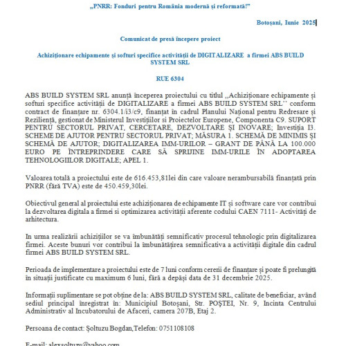 Proiect de digitalizare pentru ABSBUILD SYSTEM SRL în cadrul Planului Național pentru Redresare și Reziliență