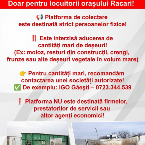 Primarul orașului Răcari avertizează locuitorii despre utilizarea corectă a platformei de colectare a deșeurilor
