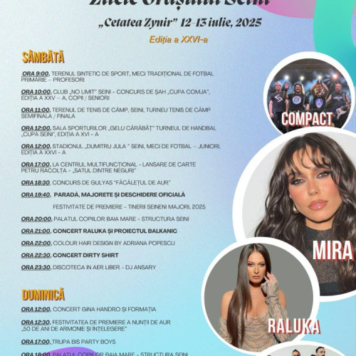 Orașul Seini se pregătește pentru evenimente speciale în weekendul 12-13 iulie, cu ocazia celei de-a XXVI-a ediții a festivalului „Zilele orașului Seini”. Sub tema „Cetatea Zynir”, administrația locală, condusă de doamna primar Gabriela Tulbure, împreună cu Consiliul Local Seini, au pregătit un program variat pentru toți locuitorii și vizitatorii orașului.