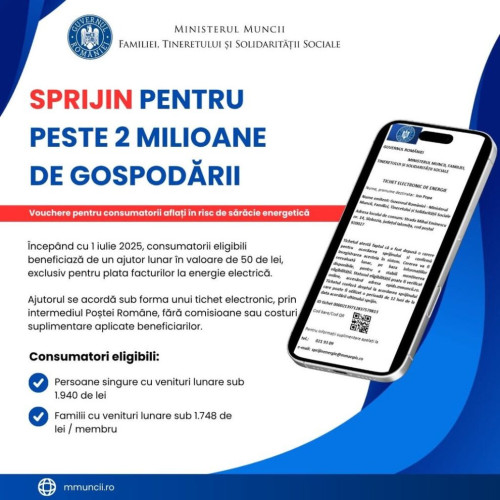 Sprijin financiar pentru plata facturilor la energie electrică, începând cu iulie 2025