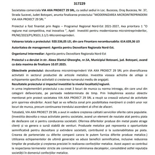 societatea VIA AXA PROIECT 29 SRL şi-a finalizat proiectul de modernizare în Botoşani